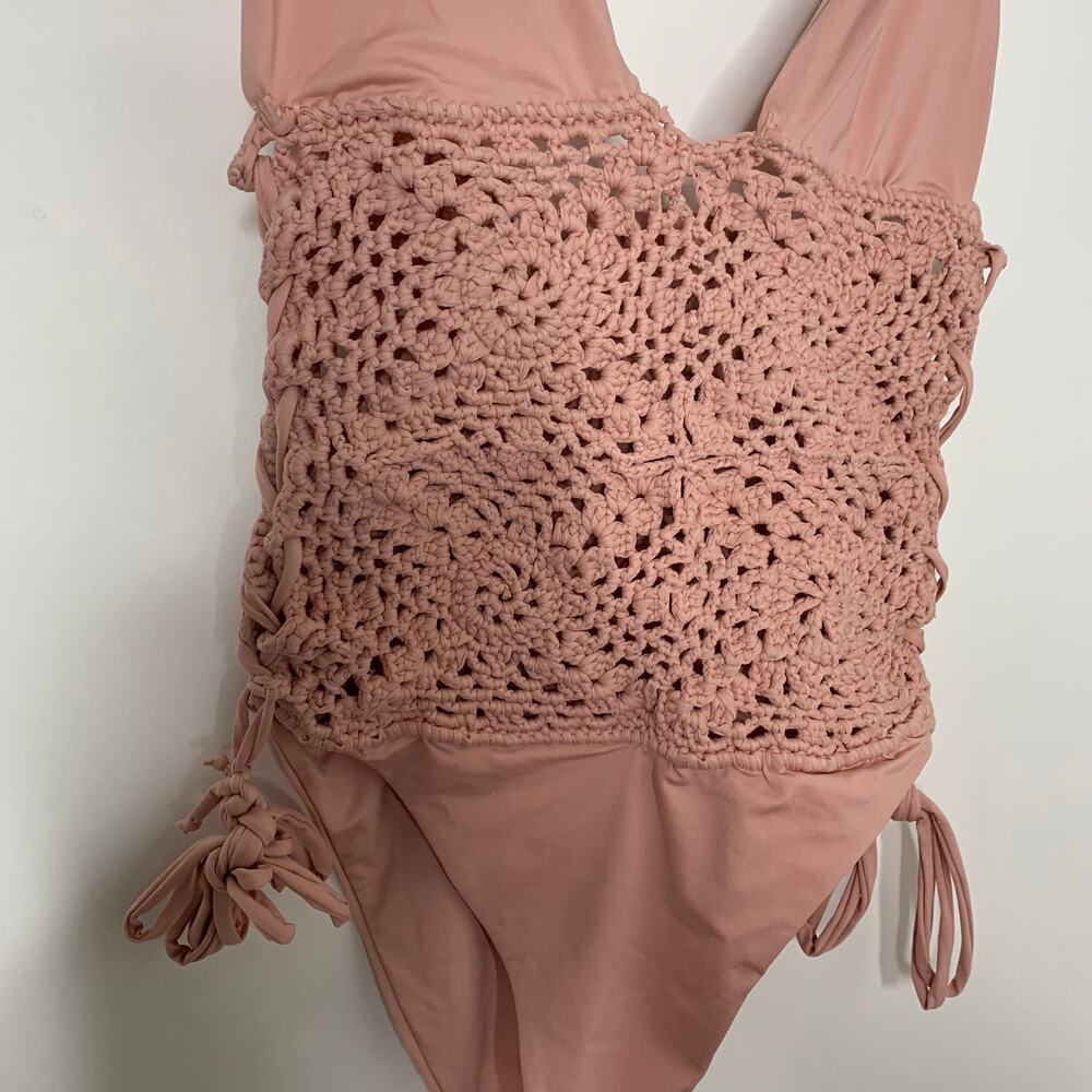 Frankie's Bikinis Lilah Crocheted One-Piece Swimsuit Pink Womens Medium - Picture 10 of 13